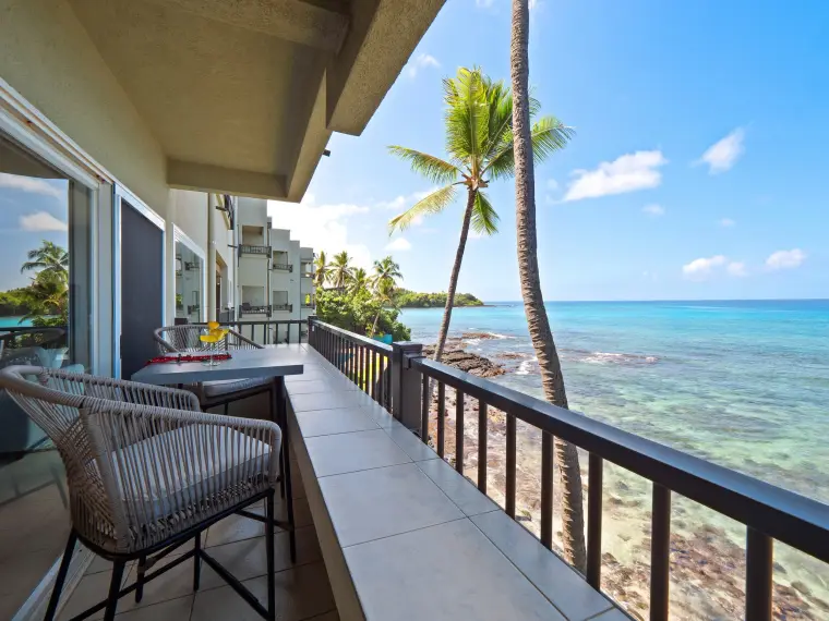 Lanai with bar seating overlooking palm trees and turquoise water